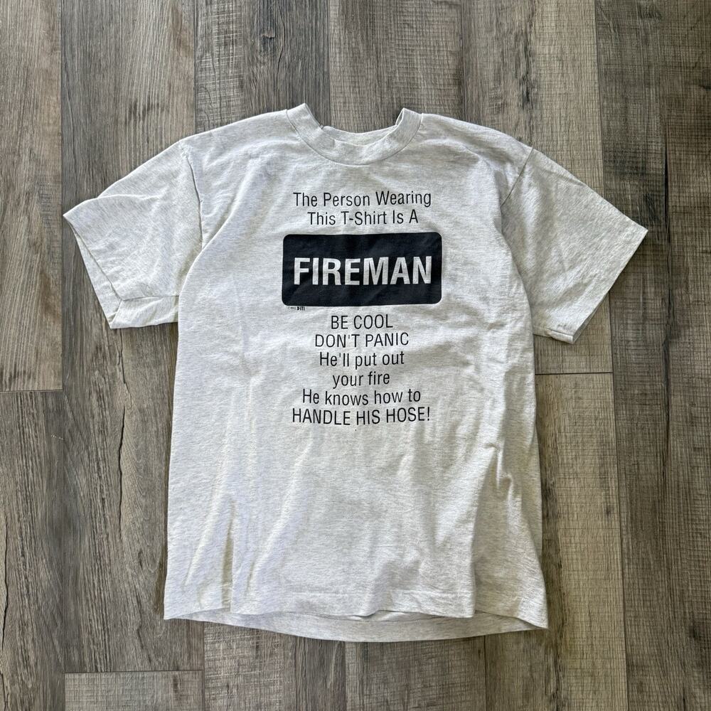 Vtg 90s Be Cool Don't Panic Fireman Short Sleeve T-Shirt Gray Men's Large Funny
